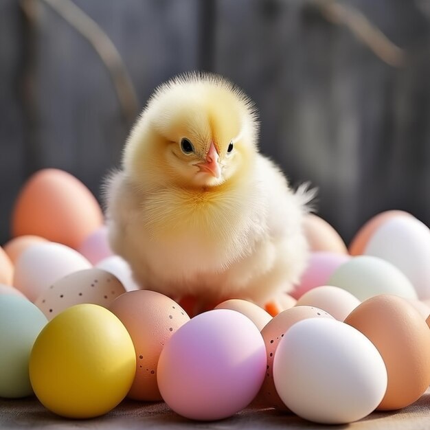 Piccola gallina sullo sfondo di colorate uova di Pasqua ad alta risoluzione