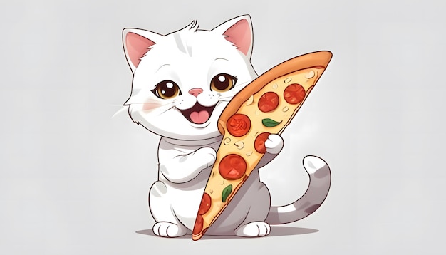 Piccola gatta che mangia la pizza cartone animato Vector Icon Illustrazione ai generata