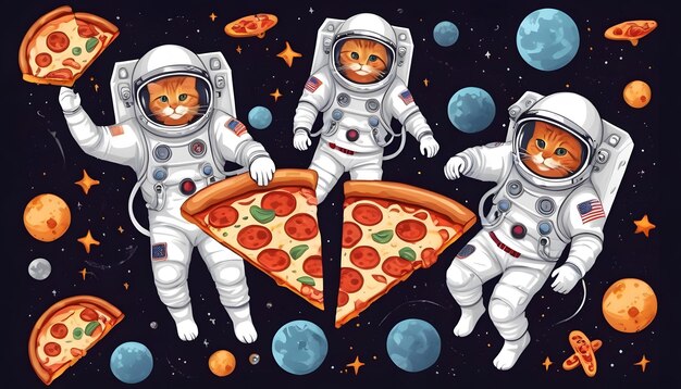 Piccola gatta che mangia la pizza cartone animato Vector Icon Illustrazione ai generata