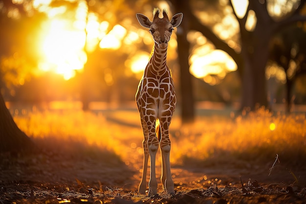 Piccola giraffa al tramonto dorato