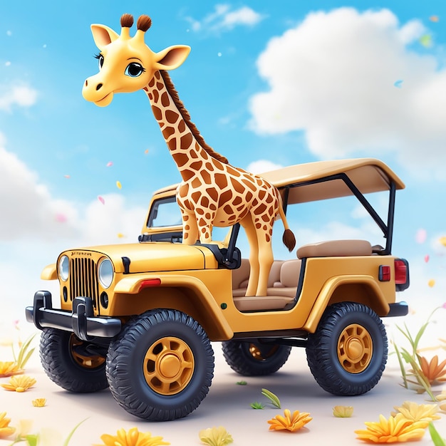 piccola giraffa caricatura carina che guida un'auto safari