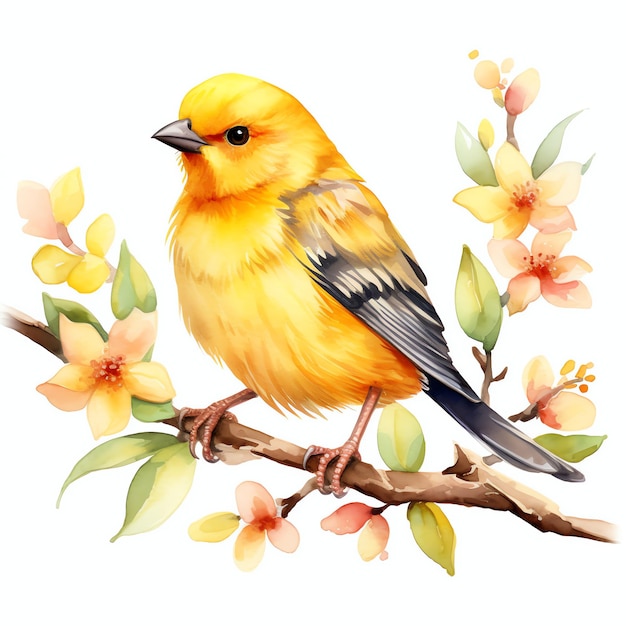 Piccola illustrazione ad acquerello di un uccello a becco giallo