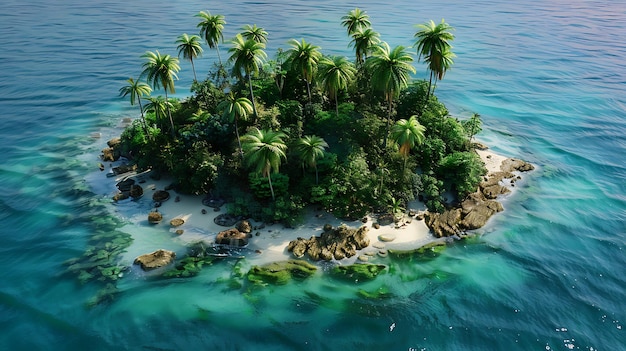 Piccola isola tropicale con spiagge di sabbia bianca, palme e acque cristalline, perfetta per una vacanza rilassante o una luna di miele.