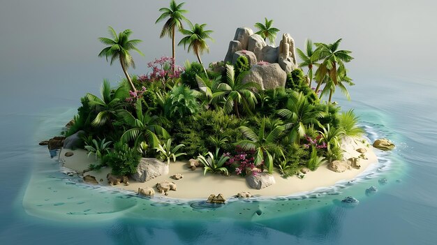 Piccola isola tropicale con spiagge di sabbia bianca, palme e vegetazione lussureggiante, perfetta per una vacanza rilassante o una fuga romantica.