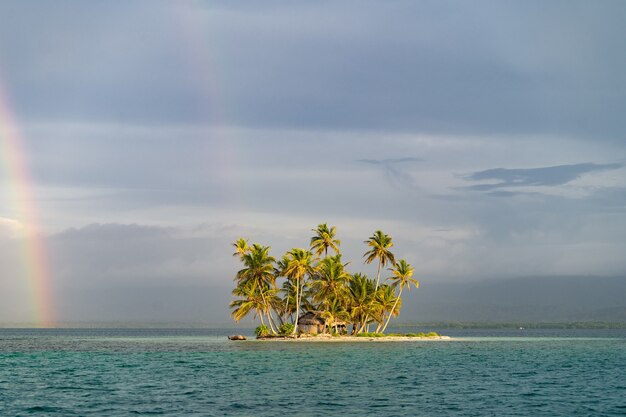 Piccola isola tropicale disabitata nel mare con palme e arcobaleno sul cielo nuvoloso vacanza a...