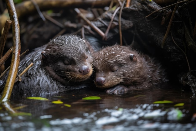 Piccola lontra che si coccola con il suo fratellino in un ambiente caldo e sicuro creato con l'IA generativa