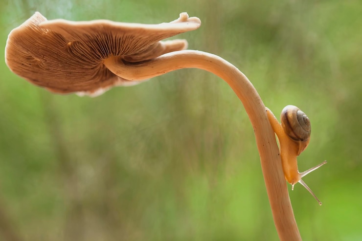 Foto piccola lumaca con grandi funghi
