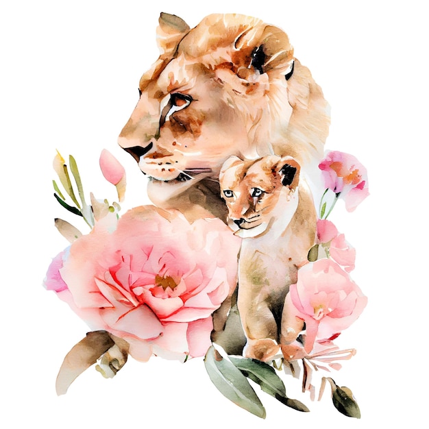 Piccola madre leone e cucciolo con fiori rosa acquerello Illustrazione isolata su bianco IA generativa