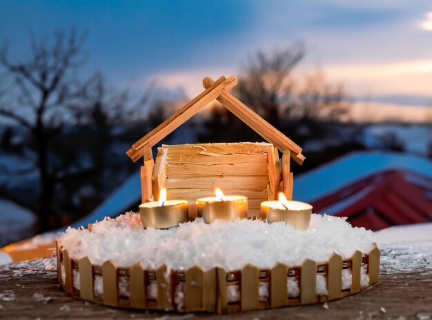 Piccola mangiatoia di legno piena di paglia sulla neve e candele intorno e un cielo blu