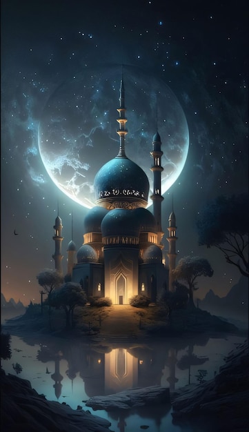 Piccola moschea sullo sfondo di una grande luna intorno a un fiume che scorre di notte Moschea come luogo di preghiera per i musulmani