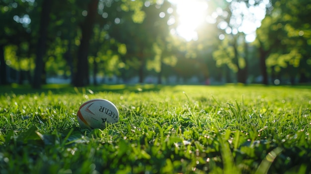 Piccola palla in un campo da rugby in erba con ombra in un giorno d'estate alla luce del sole