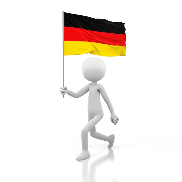 Piccola persona che cammina con la bandiera della Germania in una mano. Immagine di rendering 3D
