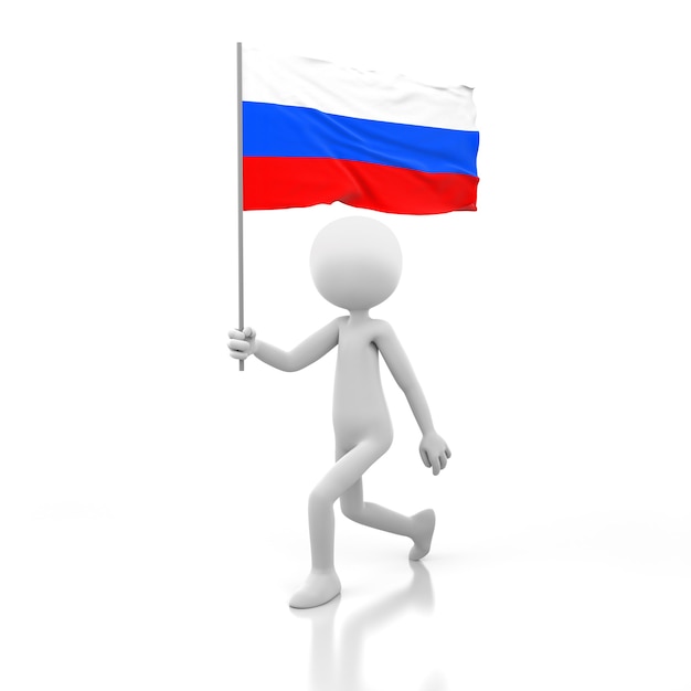 Piccola persona che cammina con la bandiera della Russia in una mano. Immagine di rendering 3D
