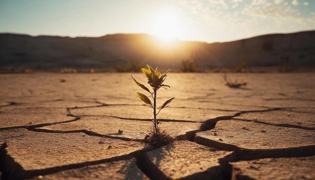 Piccola pianta verde che cresce dal terreno del deserto fessurato Tempo caldo Luce solare