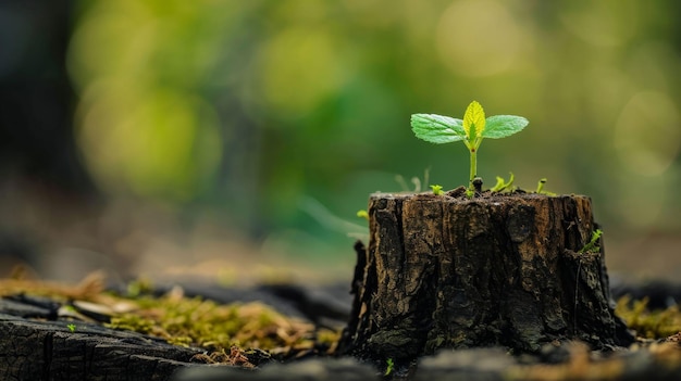 Piccola pianta verde che germoglia dal tronco di un albero