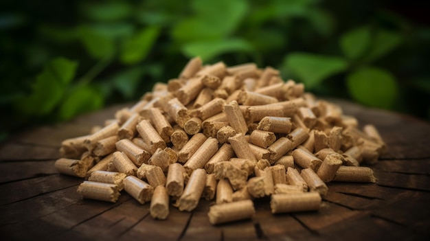 Piccola pila di pellet di legno con sopra foglie verdi Concetto di biomassa ecosostenibile