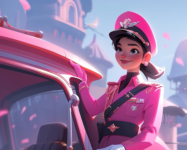 Piccola pilota o assistente di volo ragazza in uniforme rosa personaggio di cartone animato illustrazione stile animato