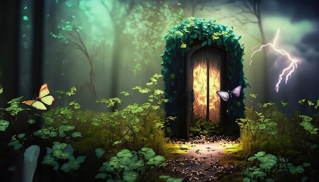 Piccola porta in una foresta realistica con un sacco di fogliame con piccole farfalle tempesta di tuoni 4k