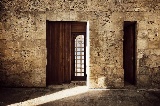 Piccola porta medievale in legno in grande muro di pietra