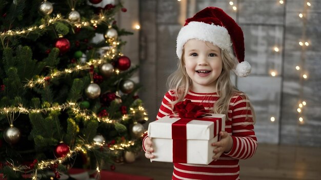 Piccola ragazza a Natale con una scatola di regali vicino all'albero di Natale