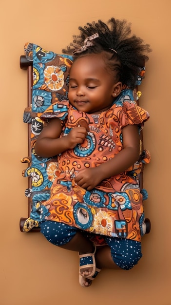 Piccola ragazza africana che dorme sorridendo sul piccolo materasso