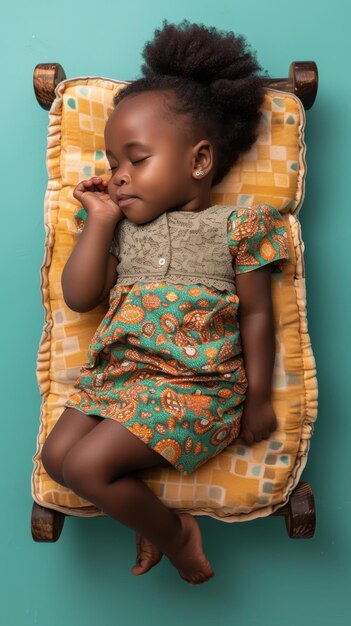 Piccola ragazza africana che dorme sorridendo sul piccolo materasso