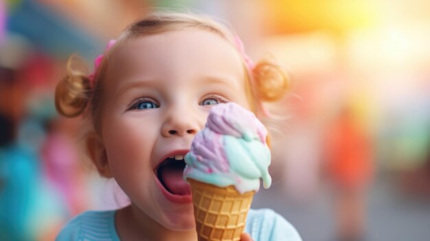 Piccola ragazza allegra che si gode un cono di gelato arcobaleno vibrante in una giornata di sole