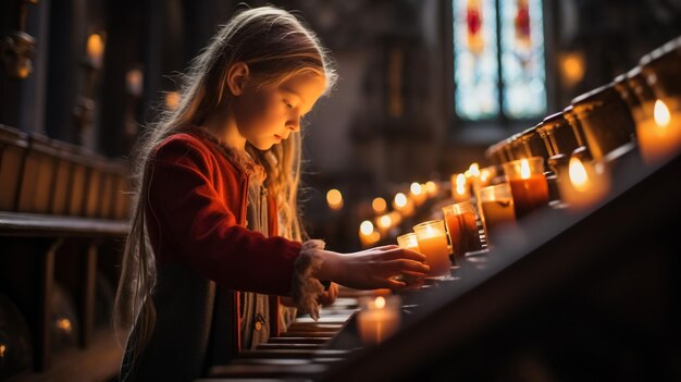 Piccola ragazza allegra in casa con una candela di Natale