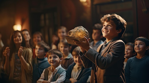 Piccola ragazza alza gioiosamente le mani in aria esprimendo pura felicità ed eccitazione Giorno dei bambini