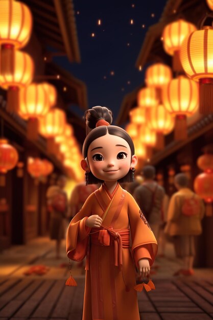 Piccola ragazza asiatica al festival delle lanterne in stile rendering 3D generato da AI
