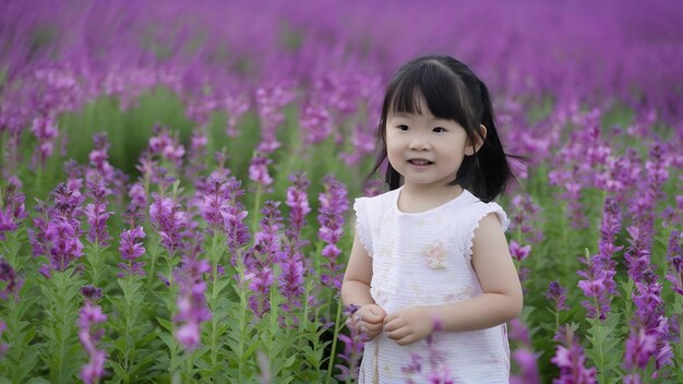 Piccola ragazza asiatica carina in piedi tra il campo di fiori viola su