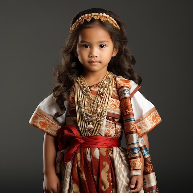 Piccola ragazza asiatica filippina in abiti nazionali vintage retro filippini ritratto da vicino