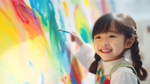 Piccola ragazza asiatica sta dipingendo l'arcobaleno colorato e il cielo sulla parete e lei sembra felice e divertente concetto di istruzione artistica e imparare attraverso l'attività di gioco per il bambino copiare spazio per il testo