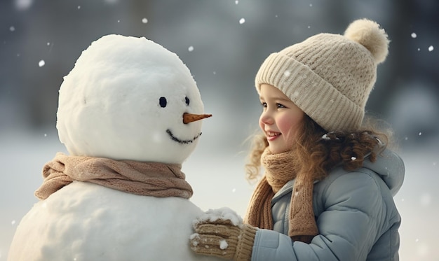 Piccola ragazza carina che gioca con il pupazzo di neve durante il freddo e la neve caduta vacanze invernali Natale