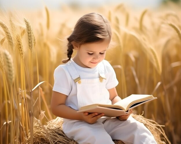 Piccola ragazza carina che legge il libro della Bibbia accanto al campo di riso