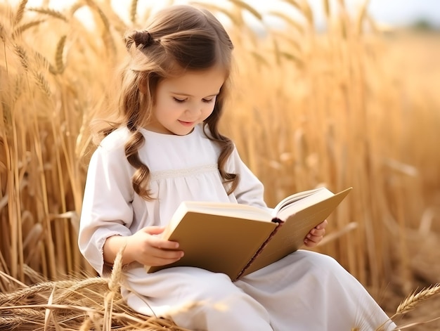 Piccola ragazza carina che legge il libro della Bibbia accanto al campo di riso