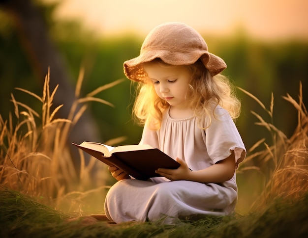 Piccola ragazza carina che legge il libro della Bibbia nel campo di riso all'alba