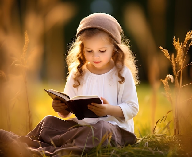 Piccola ragazza carina che legge il libro della Bibbia nel campo di riso all'alba