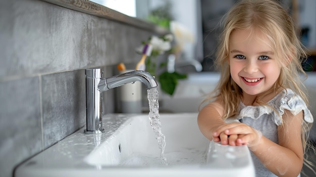 Piccola ragazza carina che si lava le mani nel lavandino del bagno Bambino che si lavano le mani