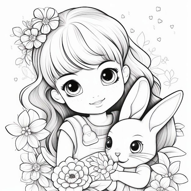 Piccola ragazza carina con coniglio e fiori illustrazione vettoriale in bianco e nero