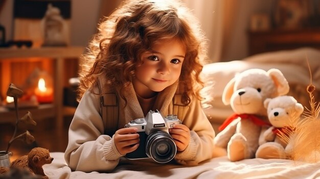 Piccola ragazza carina con una macchina fotografica vintage seduta sul pavimento a casa