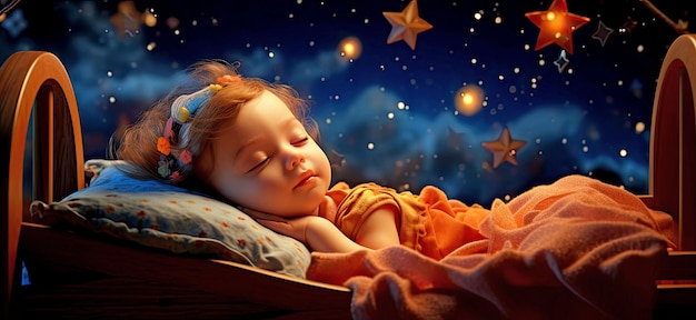 Piccola ragazza carina dorme in una culla sulla notte sullo sfondo del cielo stellato AI generato illustrazione