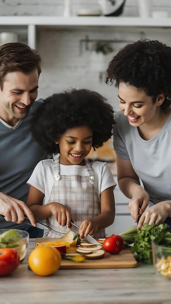 Piccola ragazza carina e i suoi bellissimi genitori stanno tagliando verdure e sorridendo mentre fanno l'insalata in