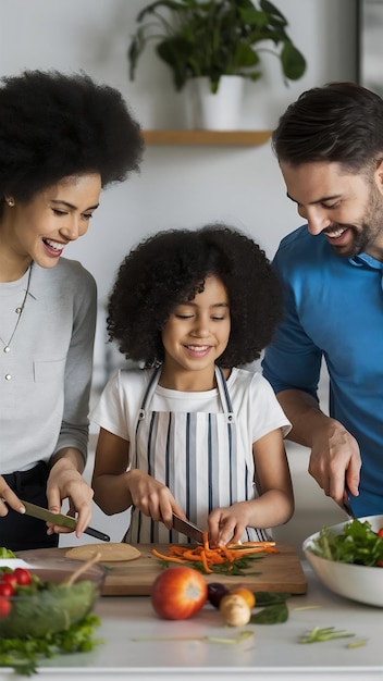 Piccola ragazza carina e i suoi bellissimi genitori stanno tagliando verdure e sorridendo mentre fanno l'insalata in