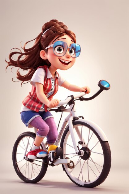 Piccola ragazza carina in bicicletta su uno sfondo grigio rendering 3D