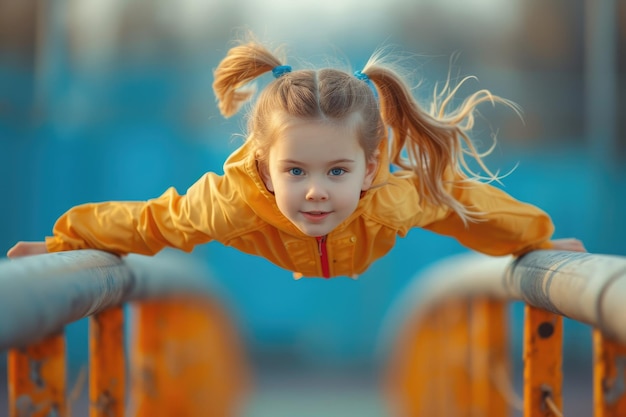 Piccola ragazza che corre in uno stadio attraverso gli ostacoli Generative Ai