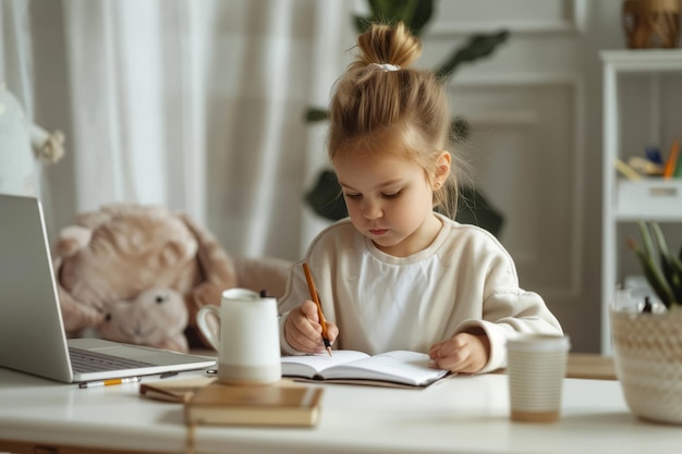 Piccola ragazza che disegna in un quaderno alla sua scrivania AI generativa