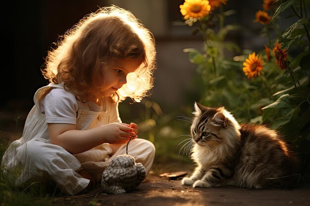 Piccola ragazza che gioca con un gatto all'aperto