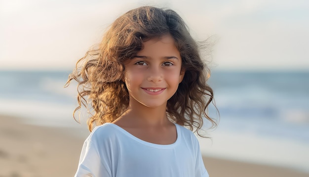 Piccola ragazza che guarda la telecamera con vestiti di colori chiari sulla spiaggia