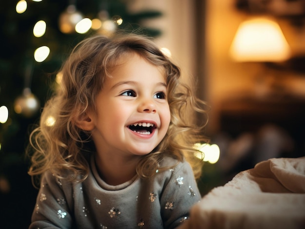 Piccola ragazza che ride nel soggiorno della sua casa decorata con luci di Natale AI generativa